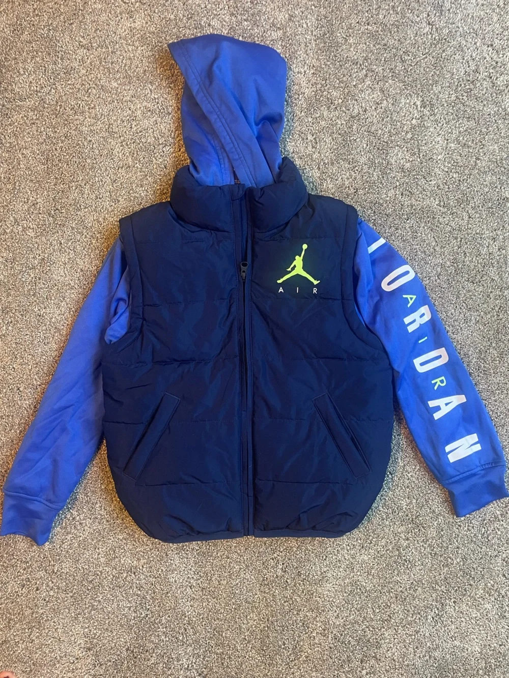 Air Jordan Kids' Navy & Royal Blue Puffer Vest with Hoodie Size Small 8-10